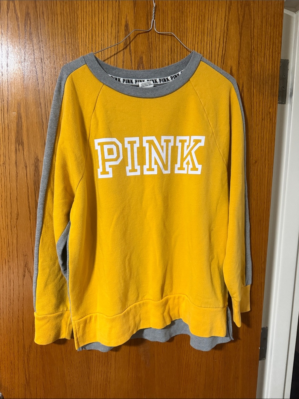 Size Small PINK Victoria's Secret Yellow Crewneck Sweatshirt with Gray Trim